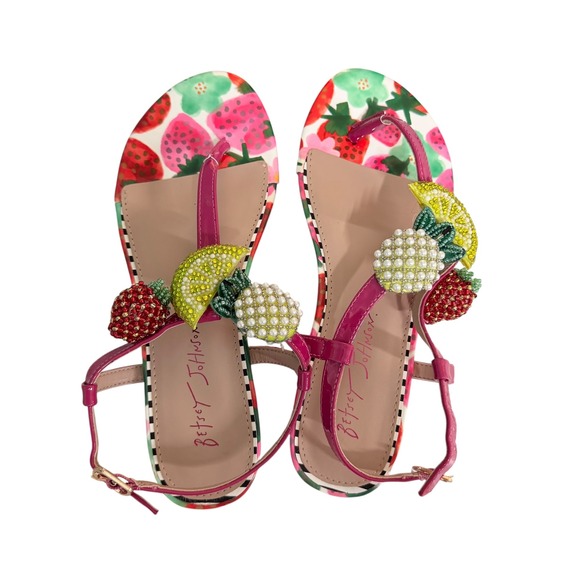 Betsey Johnson Aniston Sandals Womens 8.5 Pink Fruit Beaded Charms Thong Flat - Picture 8 of 13